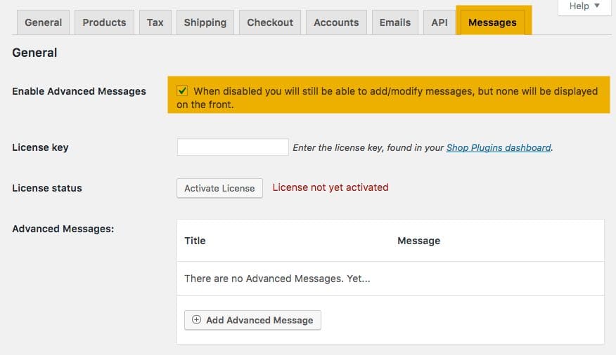 agregar mensajes personalizados en WooCommerce - reglages-advance-wordpress-plugin-woocommerce-messages