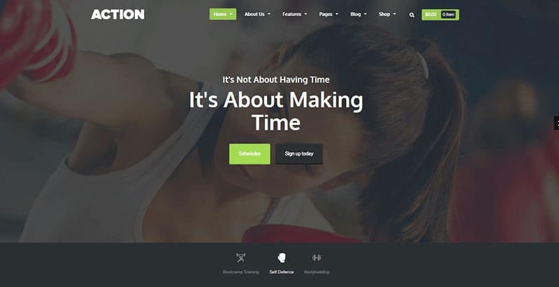 Action themes wordpress creer site web club fitness gym yoga