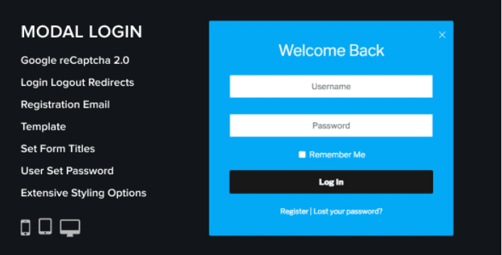 Modal login register forgotten plugins wordpress creer formulaire connexion login
