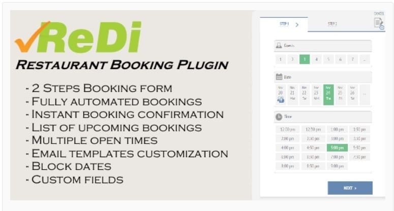 Redi restaurant booking plugin for wordpress Redi - meilleurs plugins WordPress pour créer un site web de restaurant