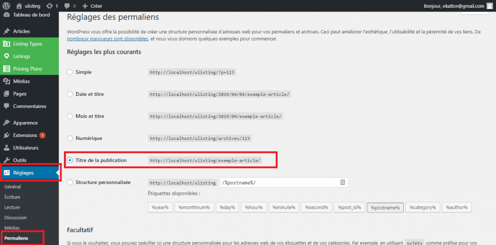 Réglages des permaliens ulisting plugin wordpress