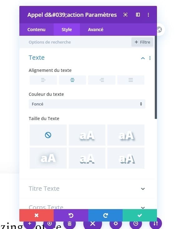 Configuration alignment du texte appel à laction divi Configuration alignment du texte appel à laction divi
