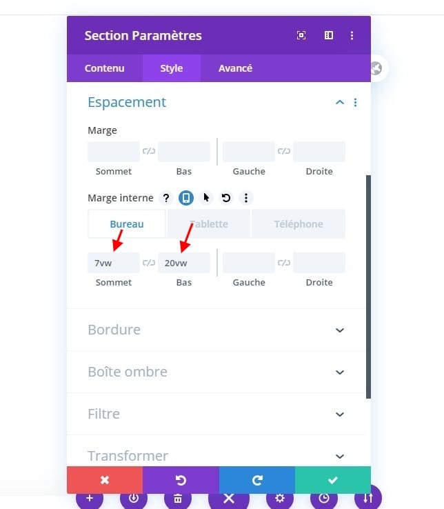 Configuration section divi espacement Configuration section divi espacement