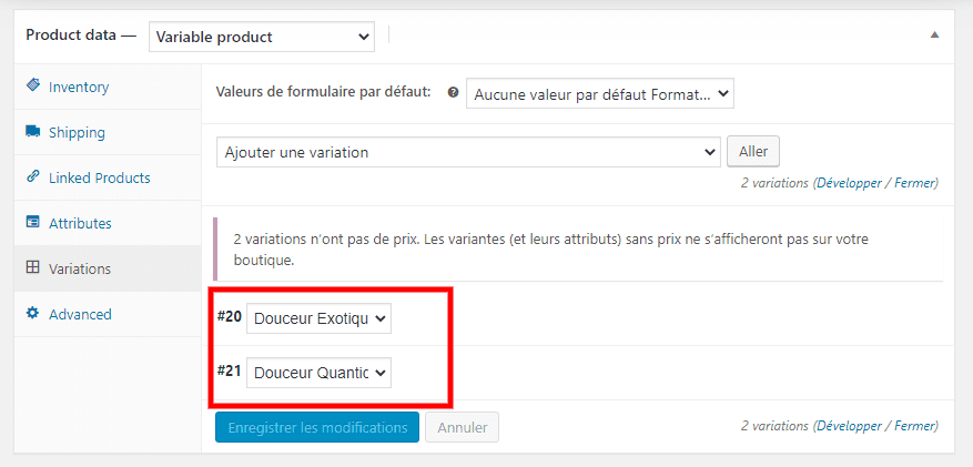 Variations produits woocommerce Variations produits woocommerce