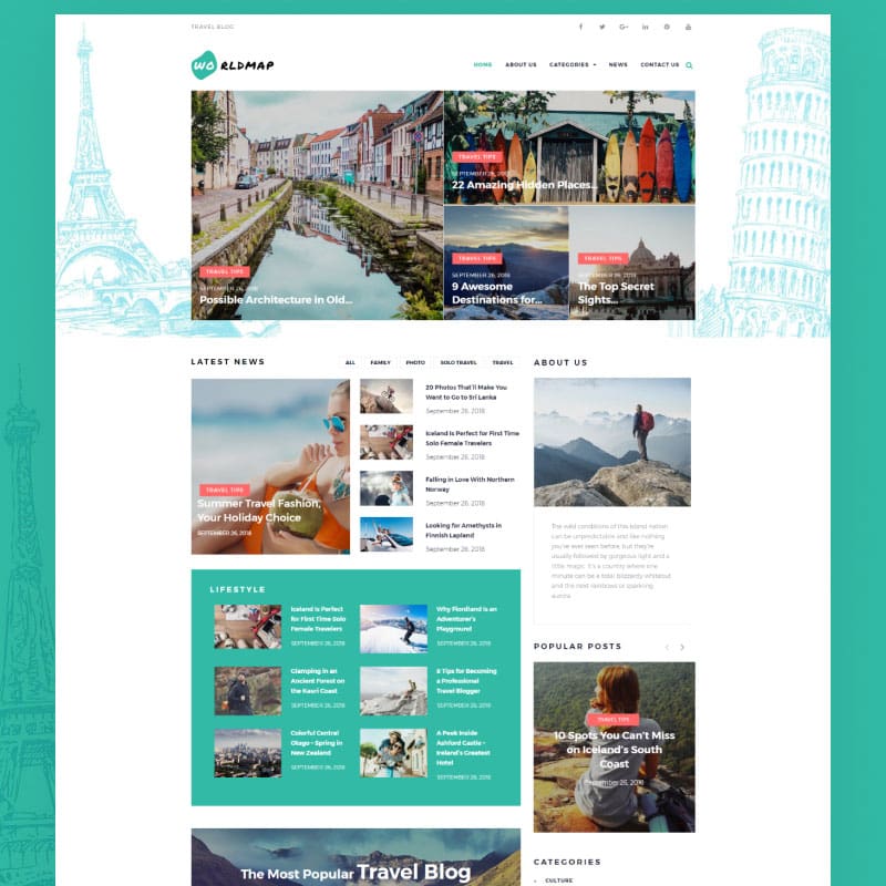 WorldMap - Travel Photo Blog Elementor thème WordPress adaptatif