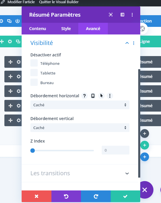 Configuration débordement module résumé divi Configuration débordement module résumé divi