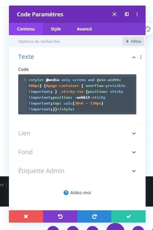 Code paramètre module divi Code paramètre module divi