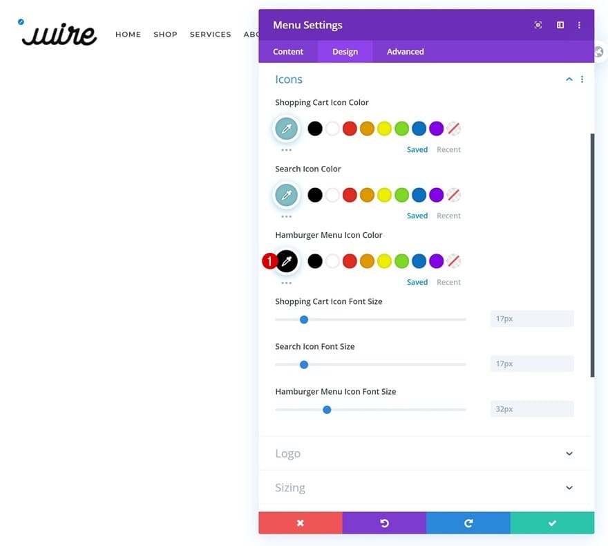 Configuration icone menu divi Configuration icone menu divi