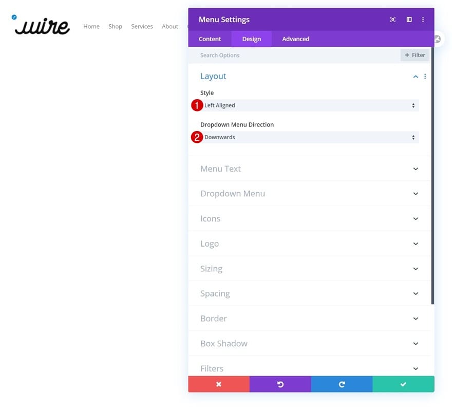 Mise en page menu Mise en page menu