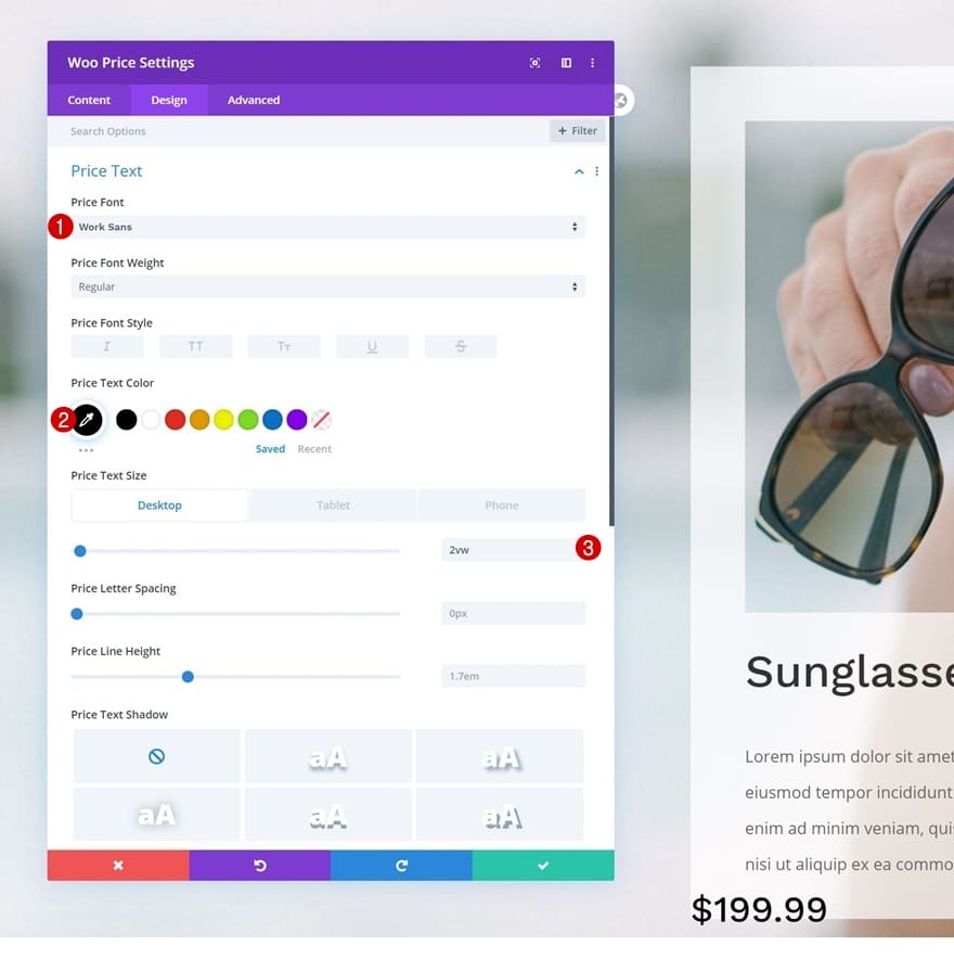 Reglage police module woo price divi Reglage police module woo price divi