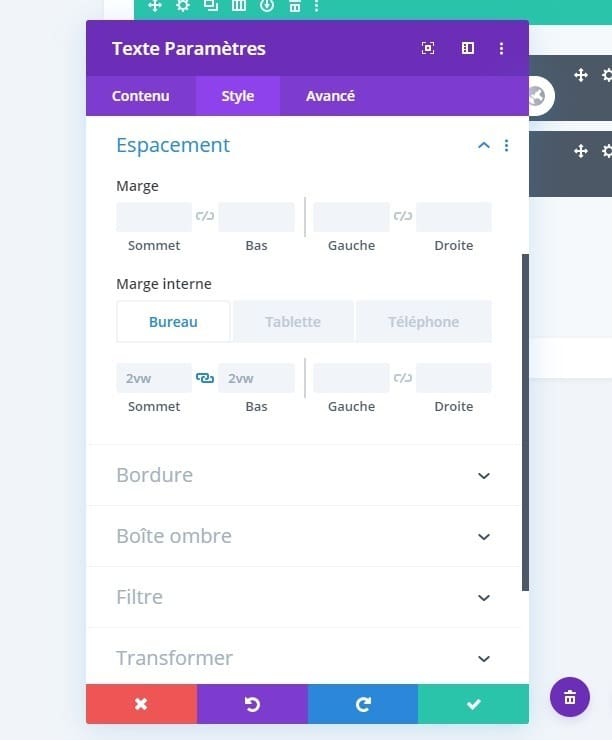 Configuration espacement module texte Configuration espacement module texte