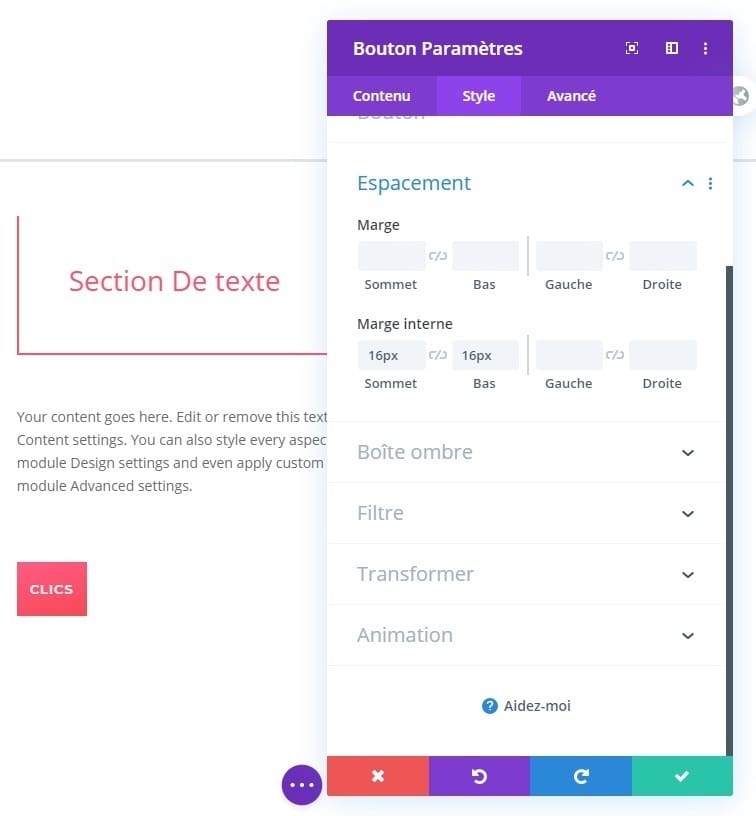 Configurer espacement module divi bouton Configurer espacement module divi bouton