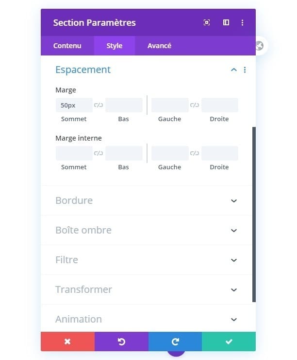 Configurer espacement section sur divi Configurer espacement section sur divi