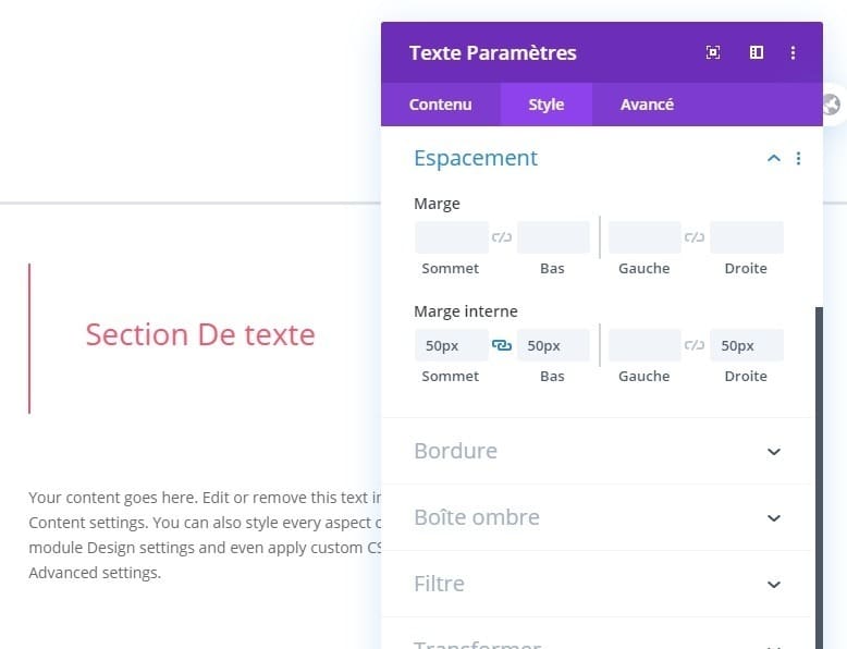 Configurer le rembourage module texte divi Configurer le rembourage module texte divi