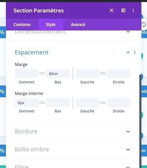Configuration section espacement divi Configuration section espacement divi
