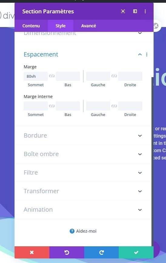 Configurer espacement section divi Configurer espacement section divi