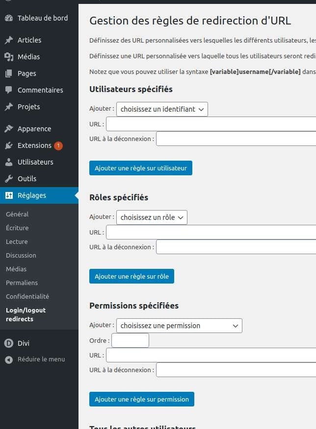 Reglage login redirect Reglage login redirect