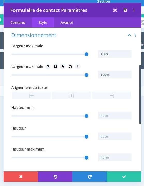 Configuraiton dimensionnement divi Configuraiton dimensionnement divi