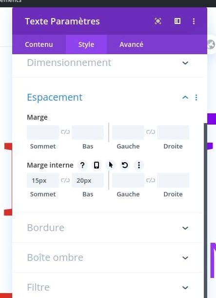 Configuration espacement module texte divi Configuration espacement module texte divi