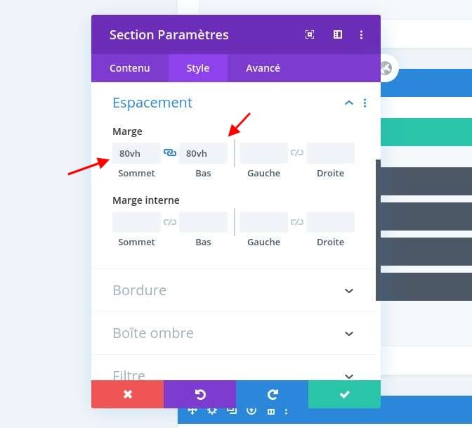 Configuration taile section divi Configuration taile section divi