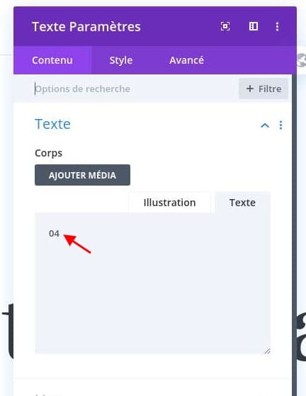 Configurer valeur module texte divi Configurer valeur module texte divi
