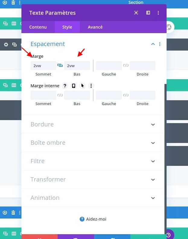 Configuraiton espacement module texte divi Configuraiton espacement module texte divi