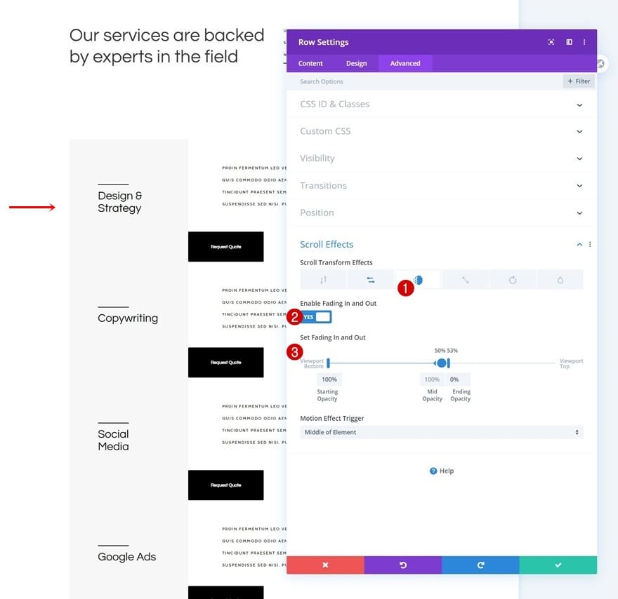 Configurer animation fondu section divi Configurer animation fondu section divi