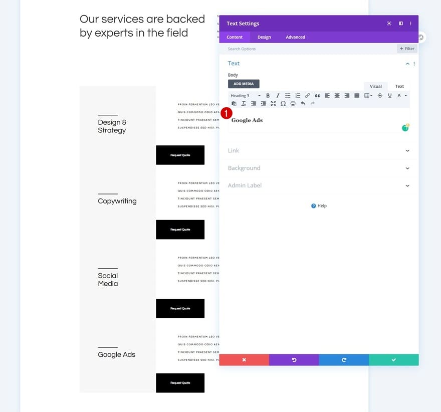Modifier contenu section divi Modifier contenu section divi