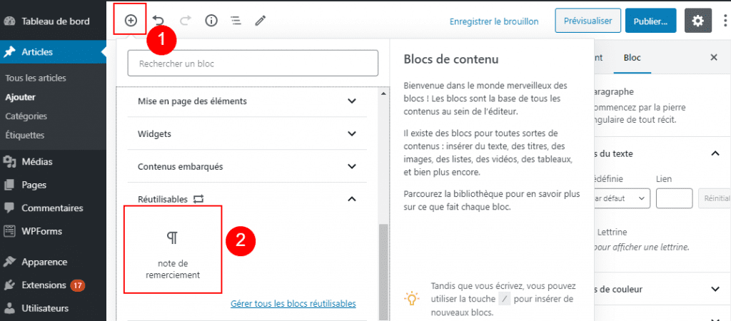 Ajouter bloc reutilisable blogpascher
