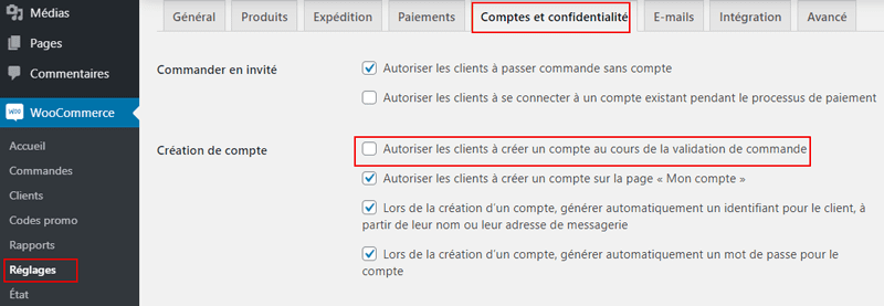 Autoriser clients creer compte page mon compte