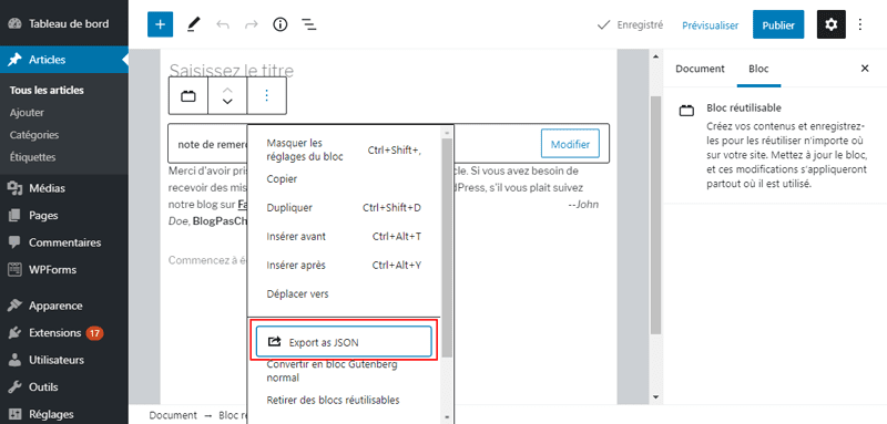 Bloc reutilisable plugin wordpress blogpascher