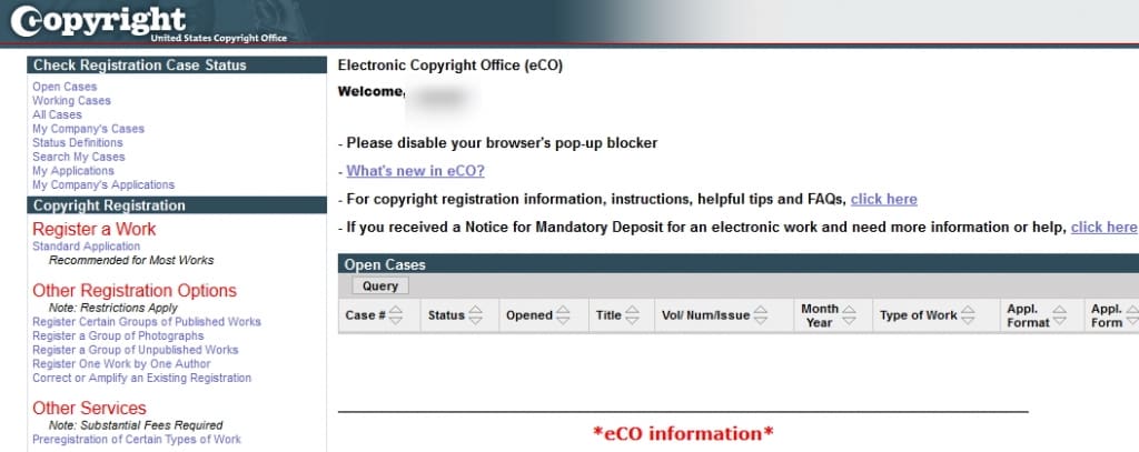 Copyright page enregistrement us