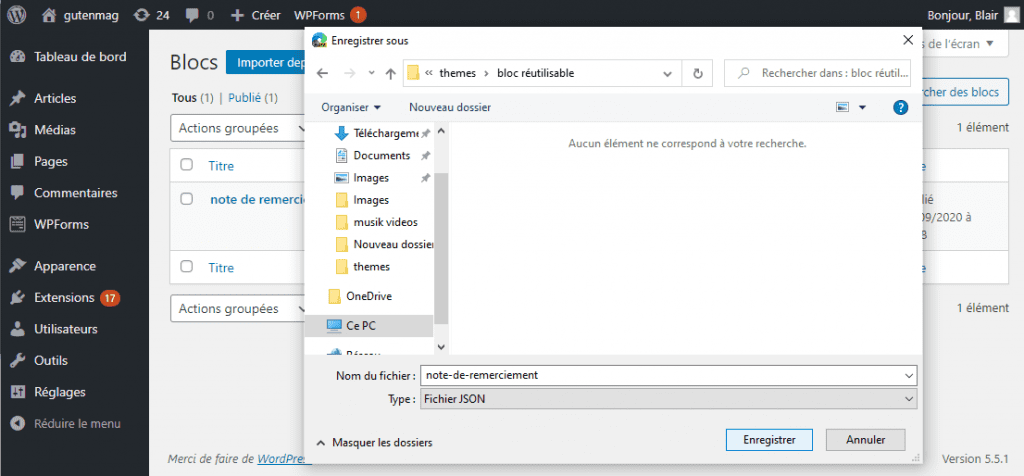 Enregistrer bloc reutilisable json blogpascher