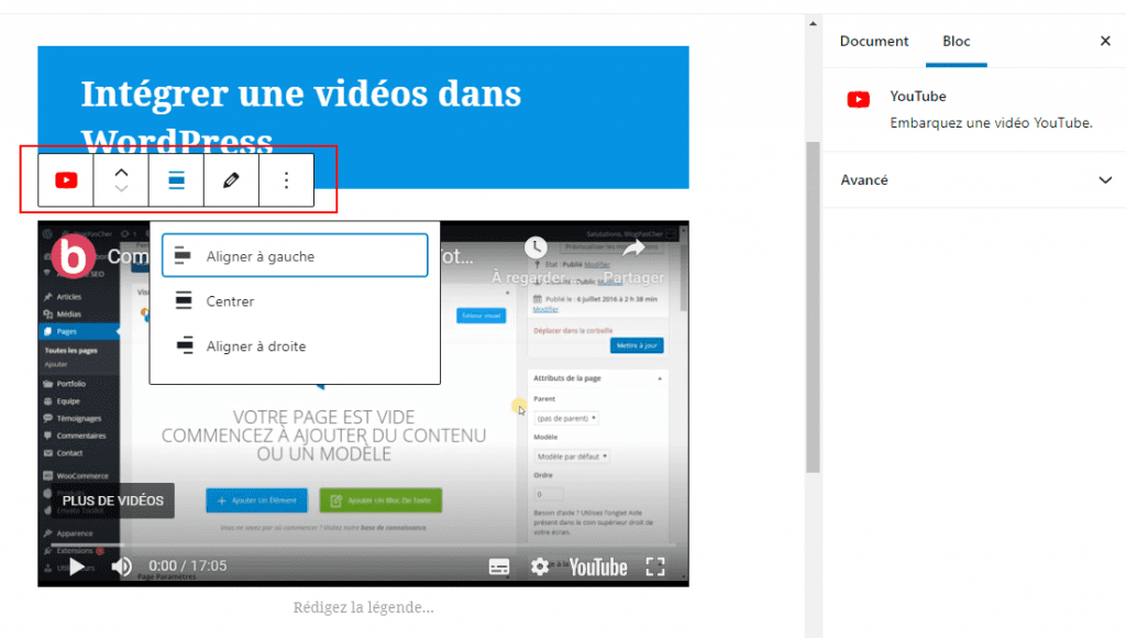 Intégrer des videos dans WordPress editeur blocs wordpress parametres