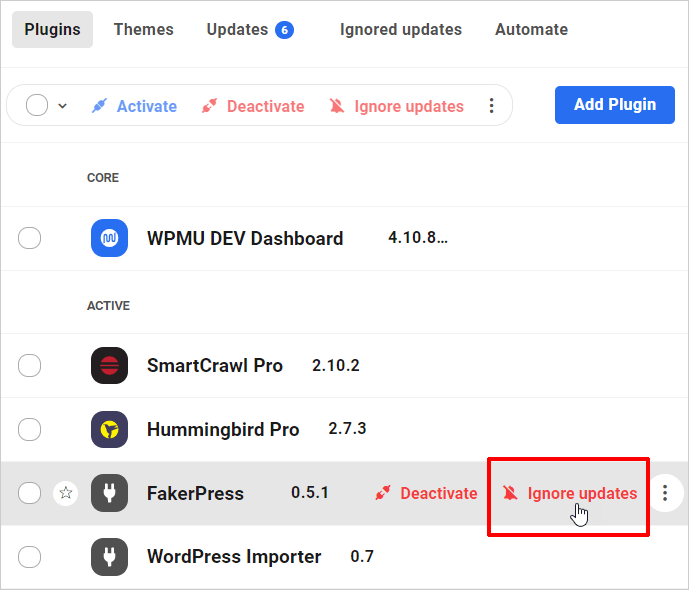 » BlogPasCher Écran Plugins: lien Ignorer les mises à jour - élément unique.