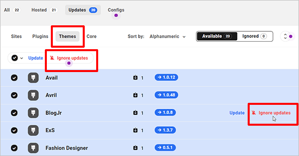 » BlogPasCher Écran Plugins & Thèmes - Ignorer les mises à jour