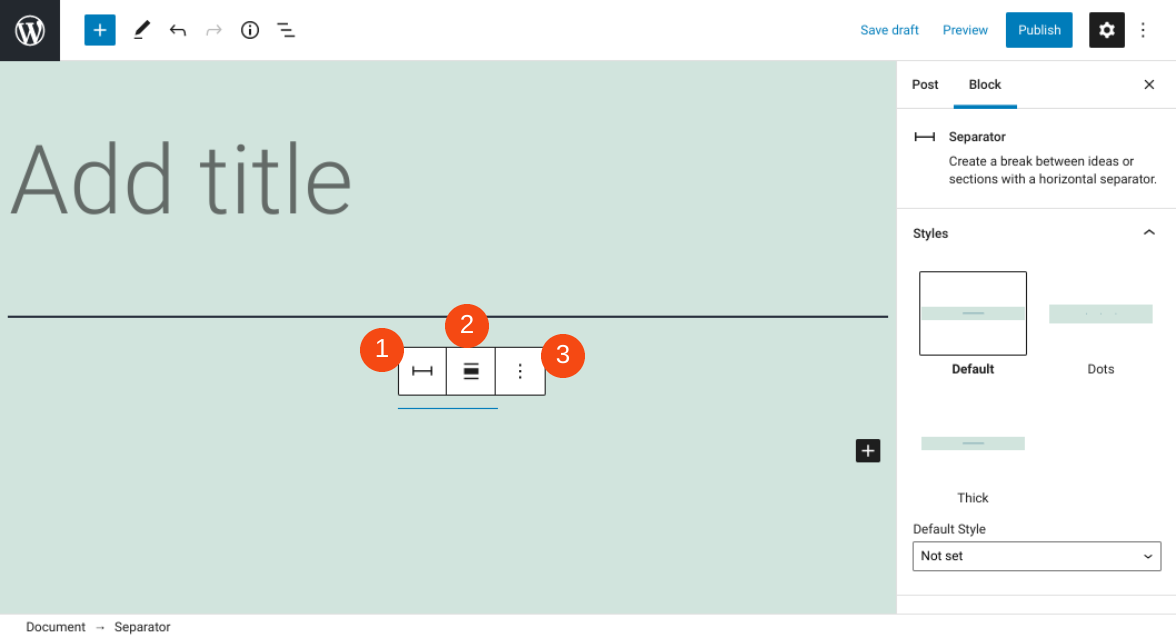 Le menu de la barre d'outils du bloc Séparateur.