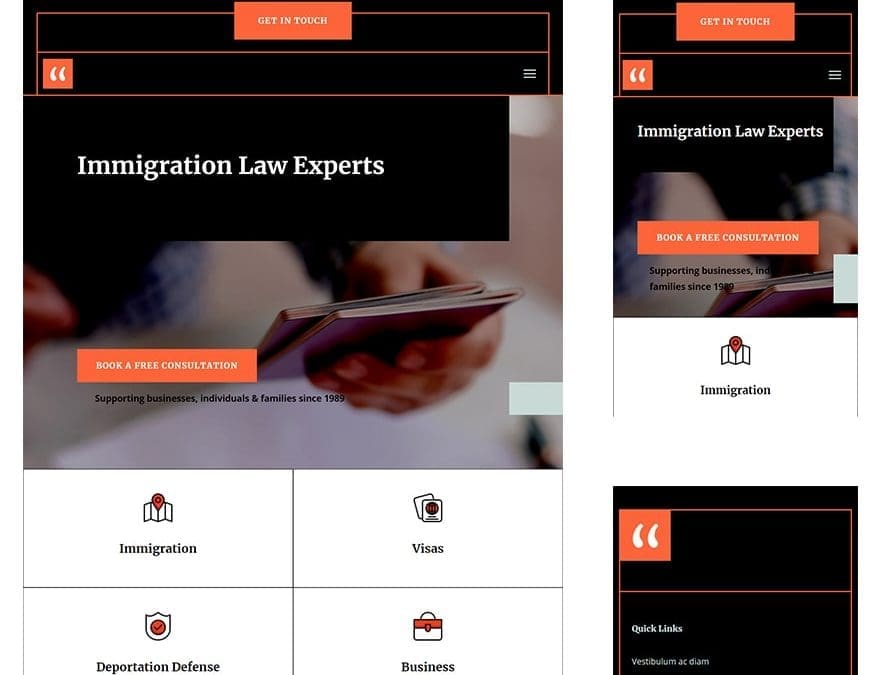 Téléchargez un en-tête et un pied de page GRATUITS pour le pack de mise en page des avocats spécialisés en droit de l’immigration de Divi