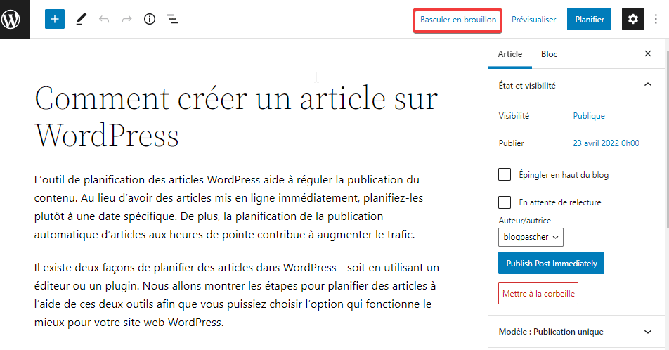 comment-planifier-des-articles-dans-wordpress-18 » BlogPasCher Passer au brouillon dans l’éditeur WordPress.
