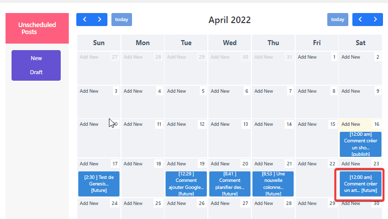 comment-planifier-des-articles-dans-wordpress-9 » BlogPasCher Déplacement de la boîte bleue à une nouvelle date pour reprogrammer la publication.