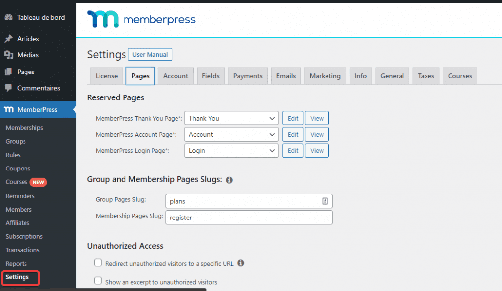 Just some of the setup options in MemberPress Quelques-unes des options de configuration dans MemberPress
