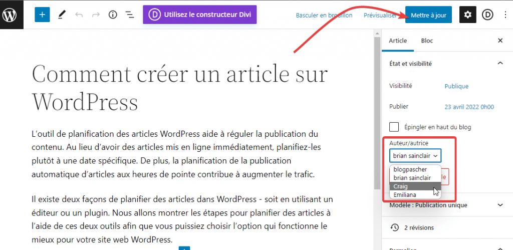 comment-changer-lauteur-dun-article-dans-wordpress-3 » BlogPasCher Sélectionnez le nouveau nom d’auteur dans la liste