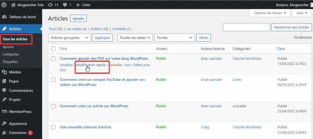 comment-changer-lauteur-dun-article-dans-wordpress-6 » BlogPasCher Cliquez sur le lien Modification rapide