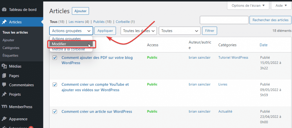 comment-changer-lauteur-dun-article-dans-wordpress-9 » BlogPasCher Sélectionnez Modifier dans les actions groupées