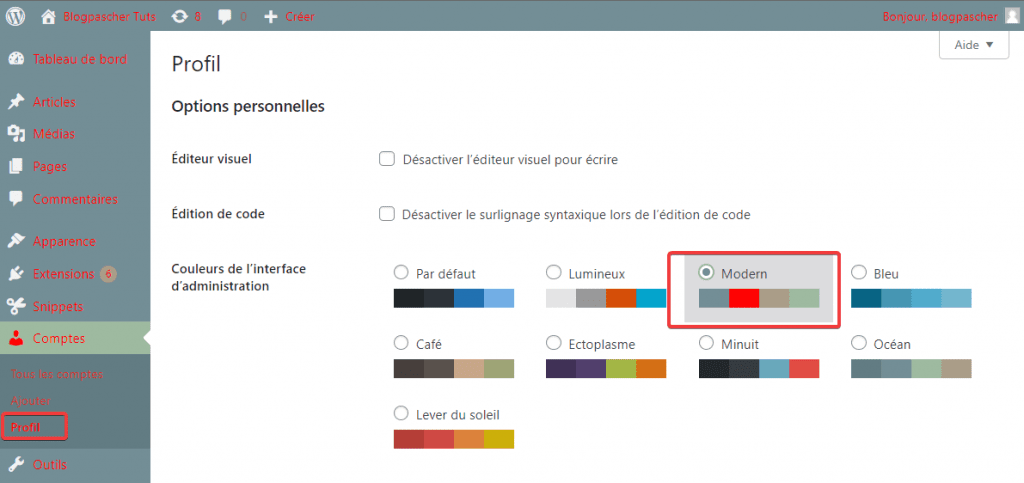 Select custom color scheme tutoriel WordPress - changer le jeu de couleurs de la zone admin de WordPress