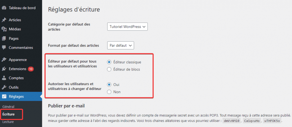 Classic editor settings Paramètres de l’éditeur classique