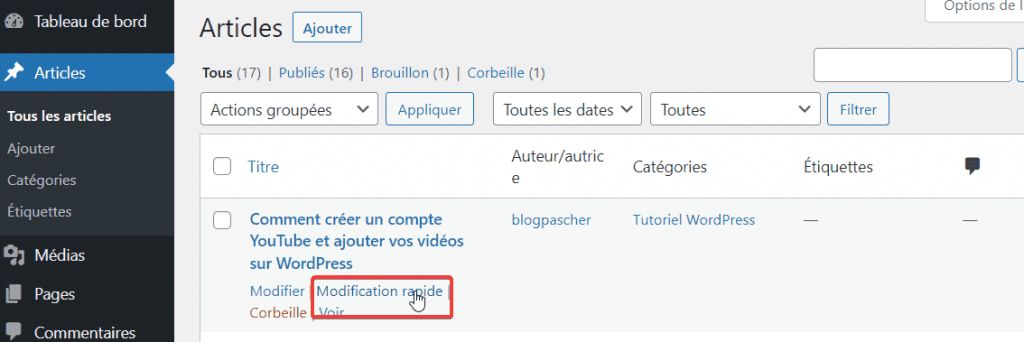 Quick edit single post Transférer manuellement des articles vers de nouvelles catégories de WordPress