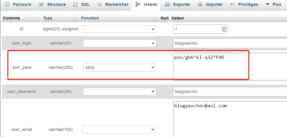 Utiliser une fonction md5 phpmyadmin Utiliser une fonction md5 phpmyadmin