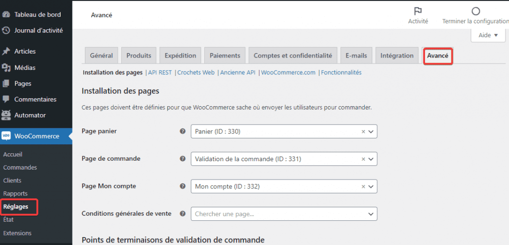 Select WooCommerce default pages Sélectionnez les pages par défaut de WooCommerce