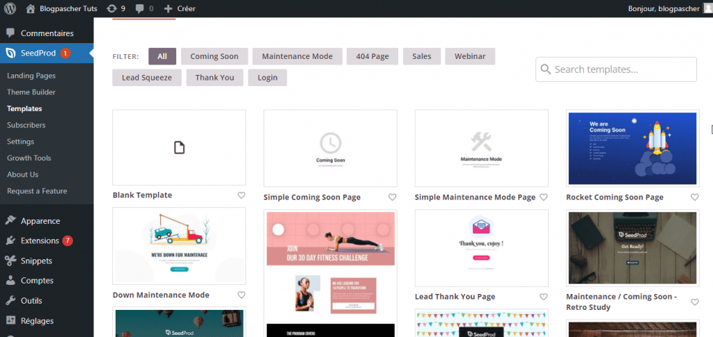 Choose a landing page template SeeProd - Créer une landing page